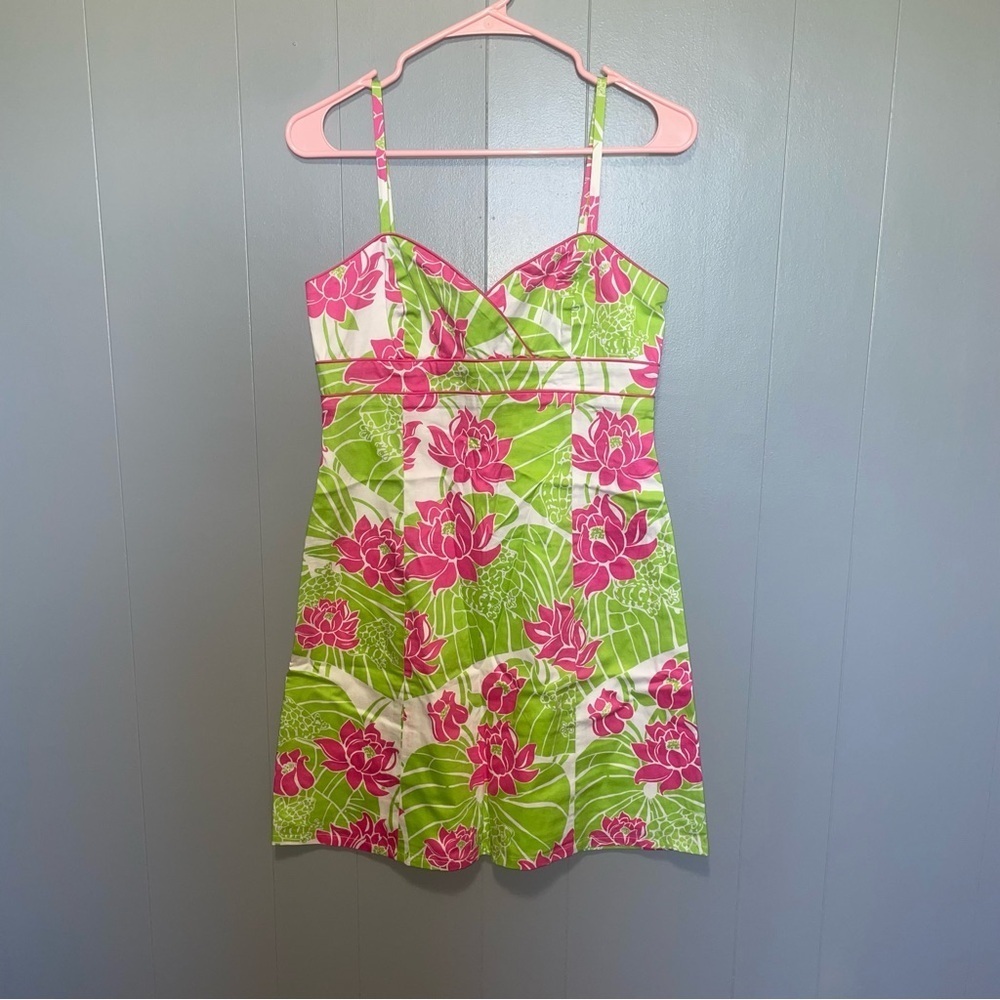 Vintage Lilly Pulitzer Green and Pink Floral Cami Dress Size 2